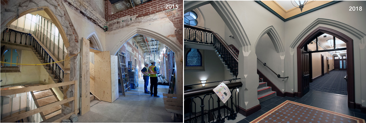 Deux photos du même escalier et du même corridor. La première photo montre la zone durant l'exécution des travaux. Les murs de brique sont apparents et le plafond dans le corridor est déconstruit. La seconde photo montre l'escalier et le corridor une fois les travaux terminés.