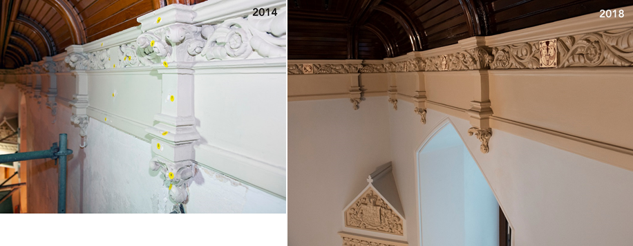 Deux photos montrant les moulures décoratives en plâtre et le plafond lambrissé. Sur  la première photo, les menus détails du plâtre sont masqués par plusieurs  couches de peinture. Sur la seconde photo, le plâtre a été restauré et on peut maintenant en voir les sublimes détails.