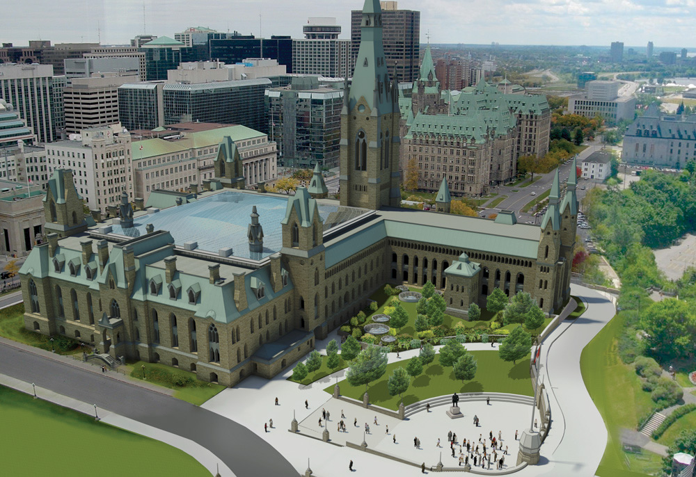 View enlarged image of an artist's rendering of the redesigned West Block building and courtyard infill roof.