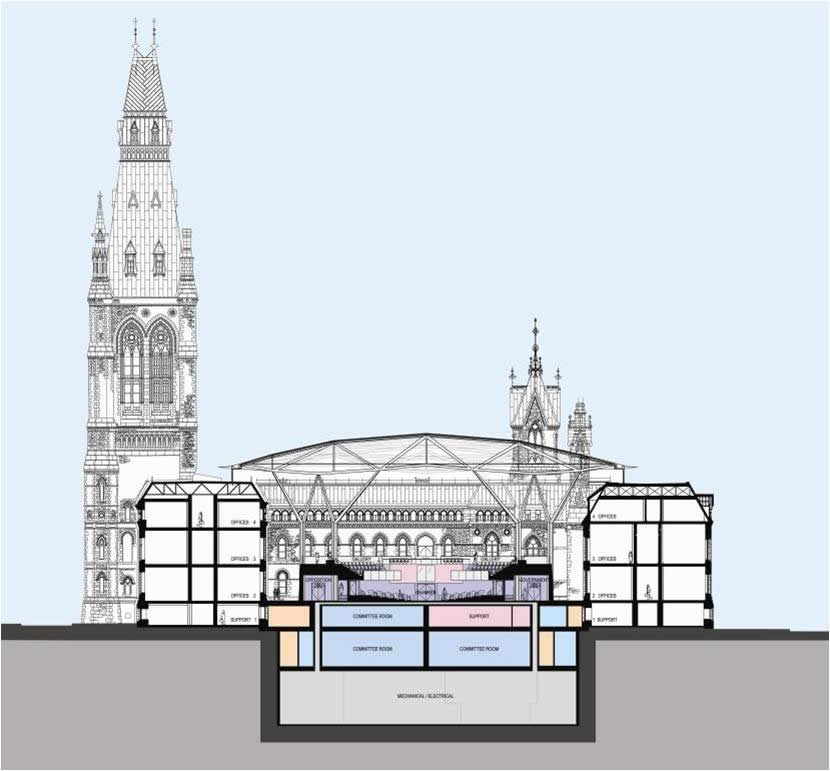 View enlarged image of an artist's rendering of a cross-sectional view of the redesigned West Block building, including the House of Commons Chamber.
