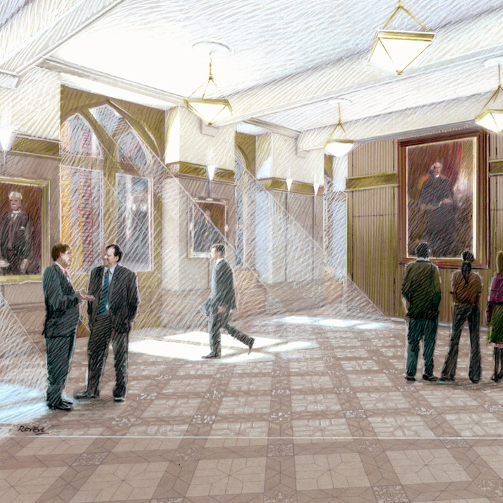 View enlarged image of an artist's rendering of the scrum area in the West Block's north wing 