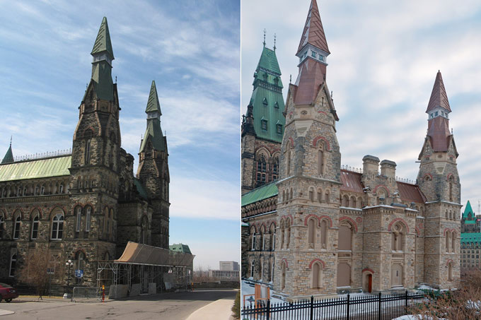 View enlarged image of the West Block's north towers before and after rehabilitation
