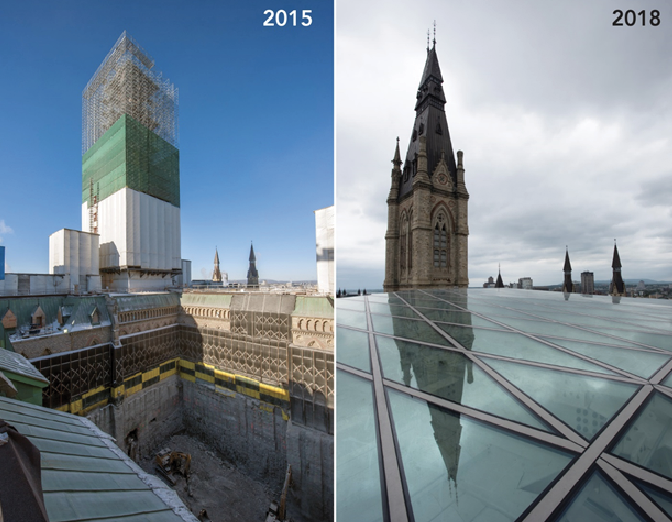 Deux photos de l'édifice de l'Ouest côté à côté. Dans la première photo, des travaux sont en cours dans une cour. Dans la deuxième, une structure en acier et verre se monte, couvrant l'ancienne cour.