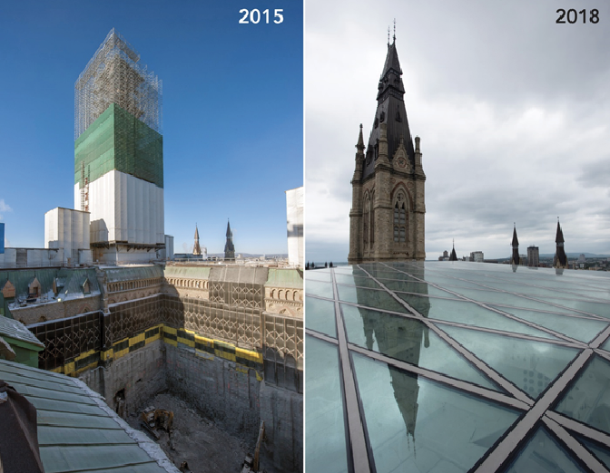 Two photos of the West Block side by side. In the first photo, work is underway in an open courtyard. In the second photo, a steel and glass structure rises up, covering the former courtyard.