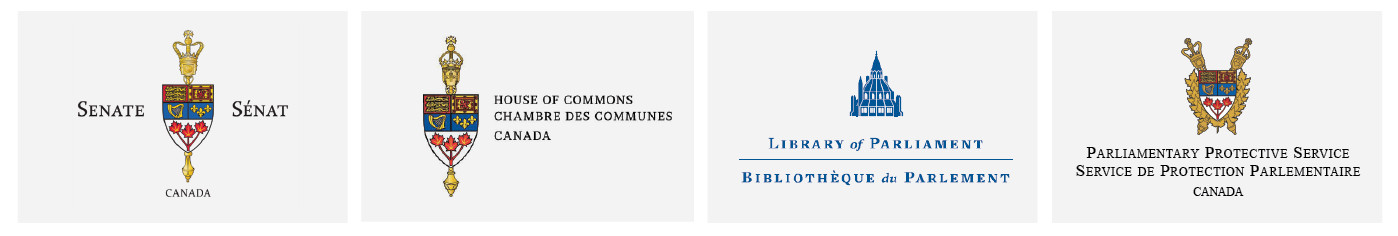Les quatre emblèmes sont pour le Senat du Canada, le Chambres des Communs, la Bibliothèque du Parlement et le Service de protection parlementaire
