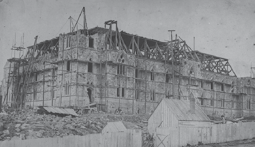 A historical photo of the West Block under construction