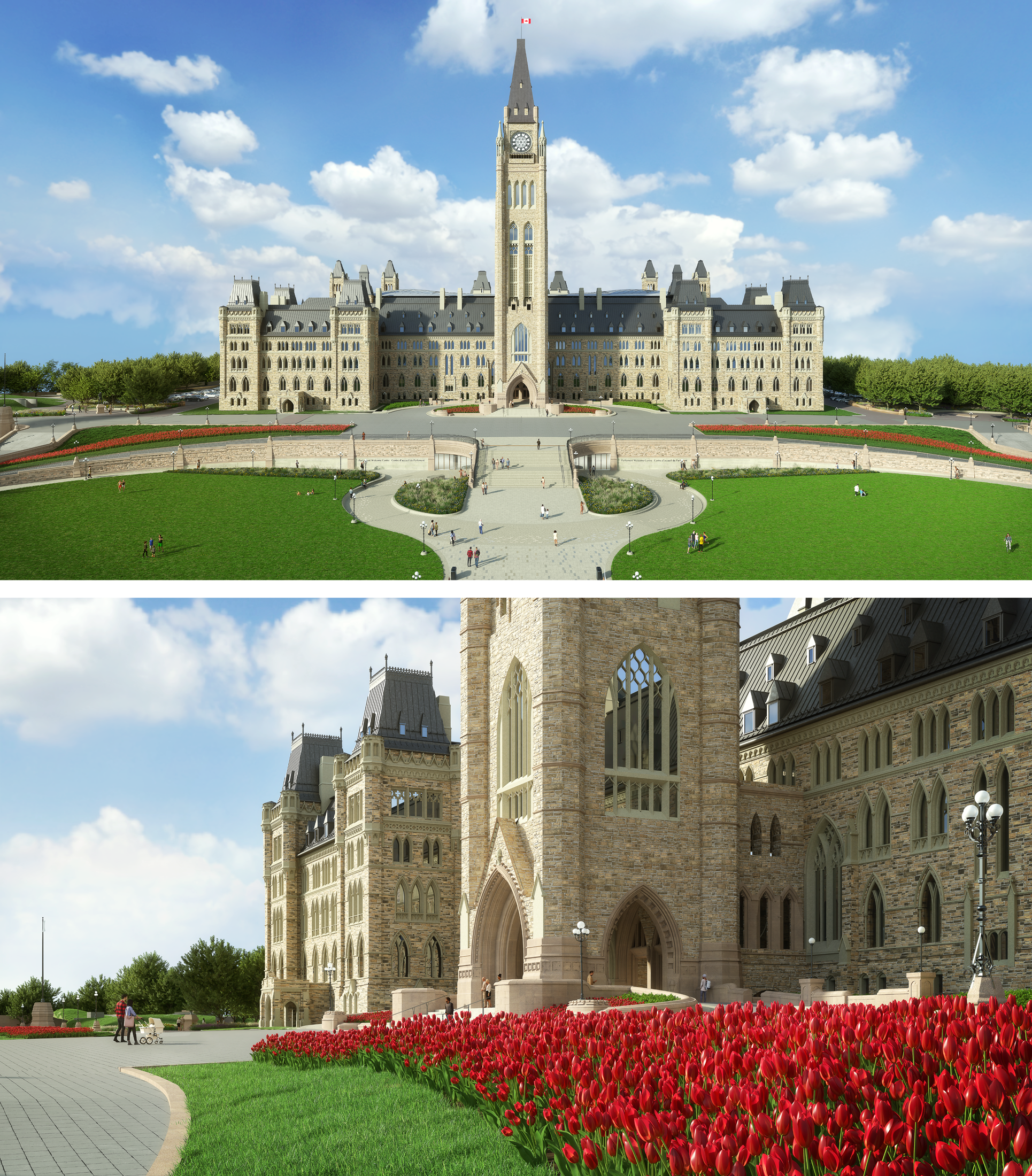 Concept renderings of the Formal Gardens. Long description below.