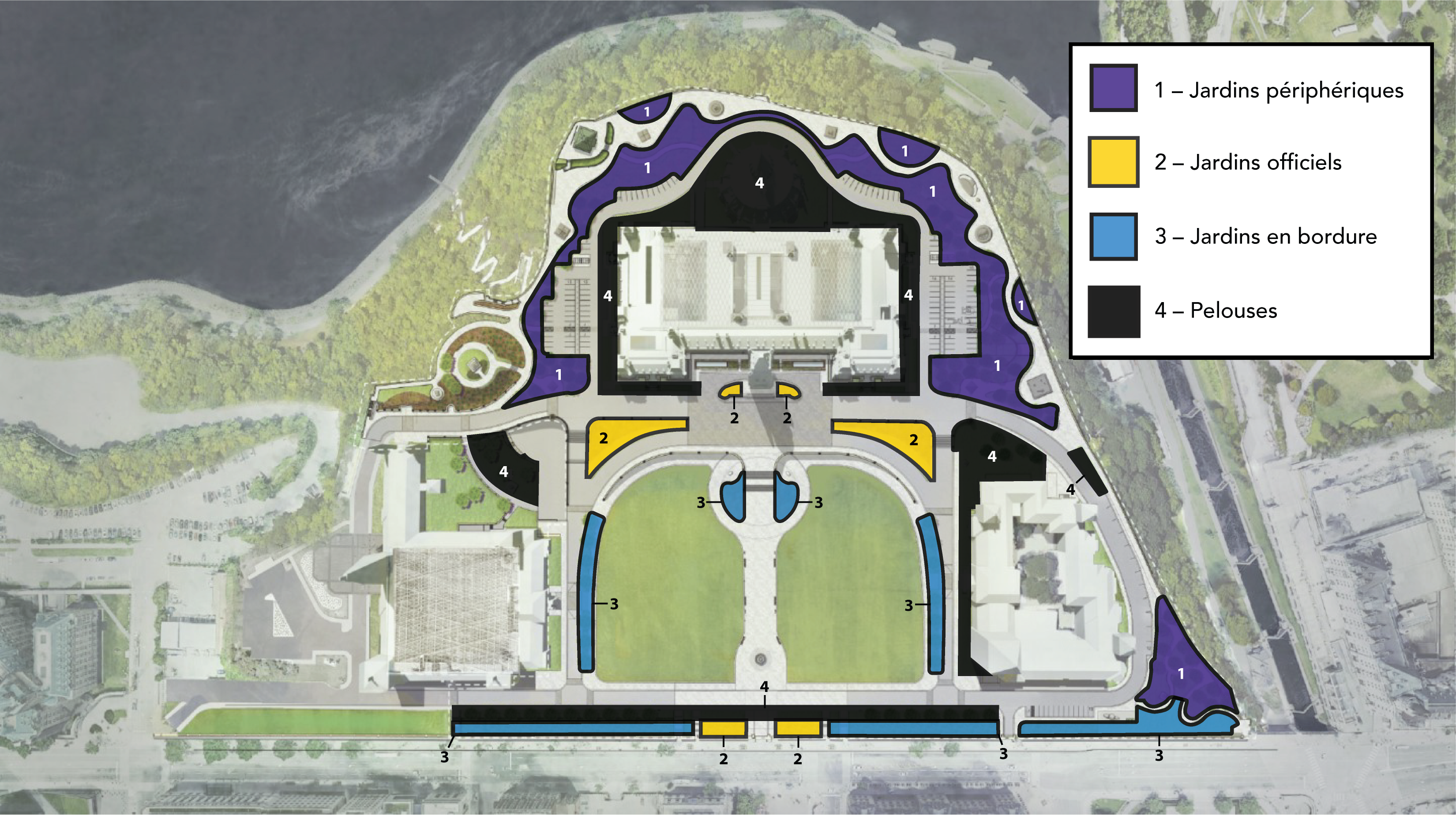 Carte de la Cité parlementaire indiquant l’emplacement des différents jardins. La description longue suit.