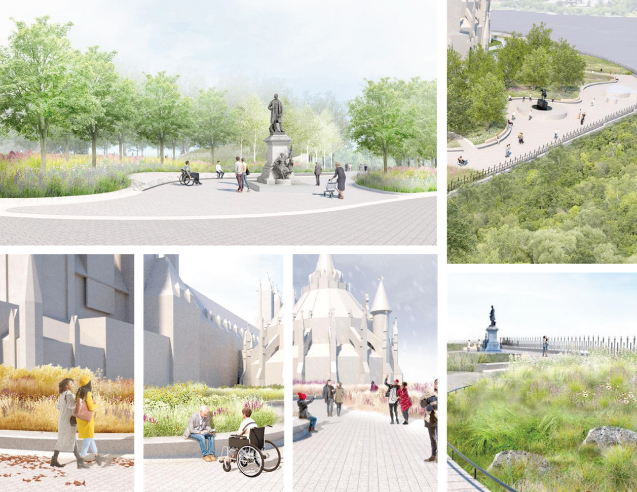 Concept renderings showing various views of the Perimeter Gardens. Long description below.