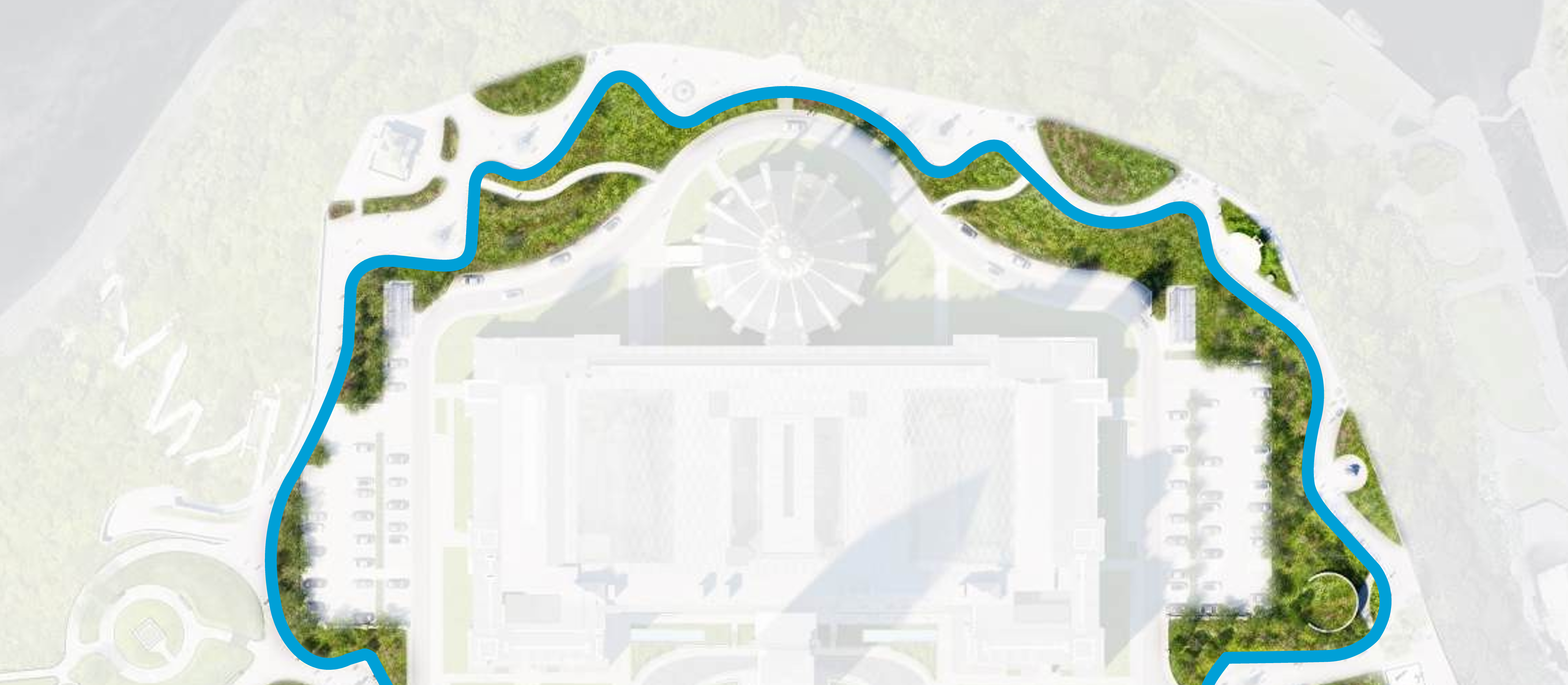 A top-down map of the Centre Block area, with a winding blue line highlighting the Ribbon Plateau Pathway. The pathway follows a curved route around the site, integrating green spaces and key landmarks.