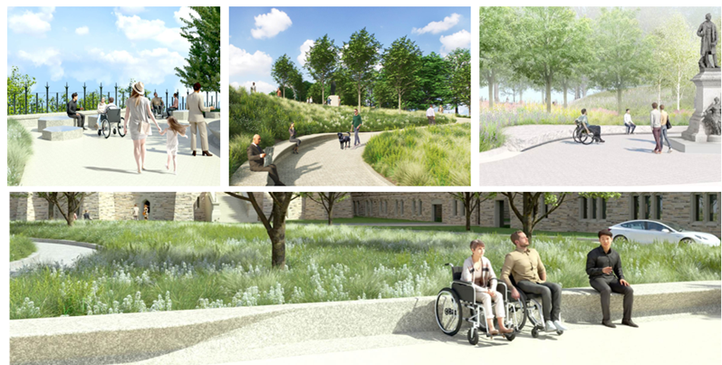Rendered images of the Ribbon Plateau Pathway, showing people walking, sitting, and using wheelchairs along curving, landscaped paths. The design features integrated seating, lush greenery, and scenic views, creating an accessible and welcoming space.