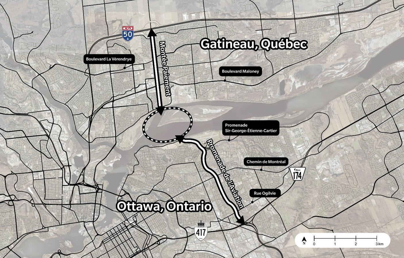 Corridor reliant la Montée Paiement, à la promenade de l’Aviation, et l’emplacement du nouveau pont de l’est.