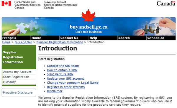 Screenshot: Homepage of the Supplier Registration Information (SRI) website The homepage presents basic information about SRI and includes links to key tasks like registering, obtaining a Procurement Business Number (PBN), and accessing and managing your SRI account.