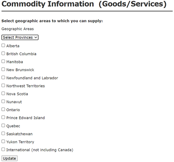 Screenshot: Commodity Information (Goods/Services). This screen asks you to select the geographic areas to which you can supply goods or services, including the provinces and territories of Canada and International (not including Canada).