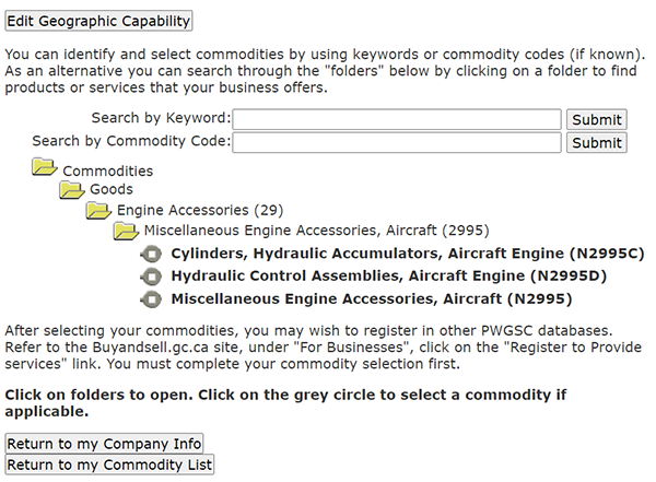 Screenshot: Add goods and services to your account. This is the final stage of registration, where the user is asked to identify the commodities they offer. You can identify and select commodities by using keywords or commodity codes (if known). As an alternative you can search through folders that list goods and services organized by category.