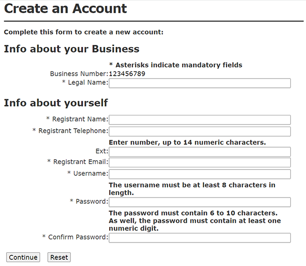 Screenshot: Create an Account. This screen prompts you to enter tombstone information about yourself and your business, including Legal Name, Registrant Name, Registrant Telephone, Registrant Email, Username, Password. All fields are mandatory except for the phone extension.