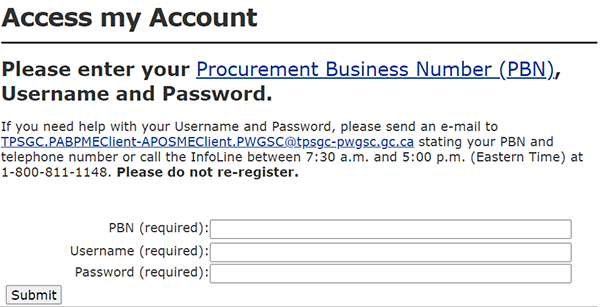 Screenshot: Access my Account. This is the login screen to access your SRI account. It prompts you to enter your Procurement Business Number (PBN), username and password.