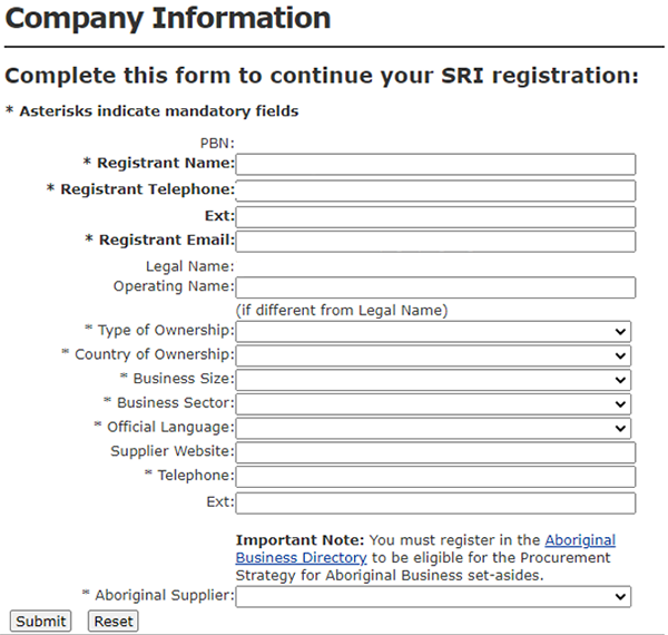 Screenshot: Company Information. The first time you log in to your SRI account, you are asked to complete this form with company information in order to continue the SRI registration process.