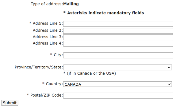 Screenshot: Mailing address. As part of the registration process, this screen requires you to enter a mailing address for your business.