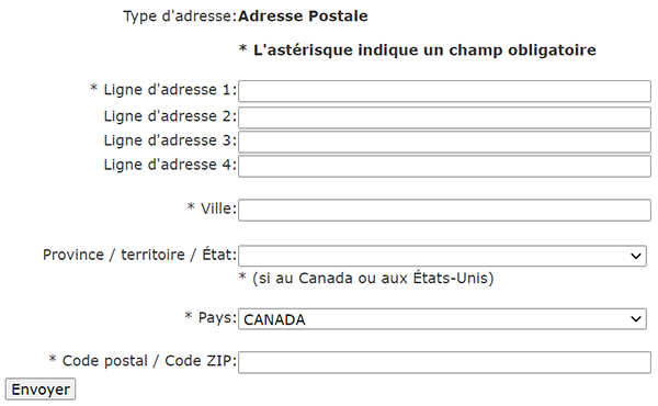 Capture d'écran : Adresse postale. Dans le cadre du processus d'inscription, cet écran vous demande d'entrer l'adresse postale de votre entreprise.