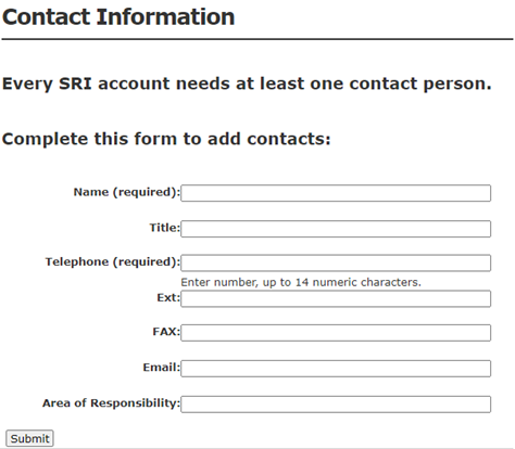 Screenshot: Contact Information. As part of the registration process, this screen asks you to enter contact information details for your business. Every SRI account needs at least one contact person.