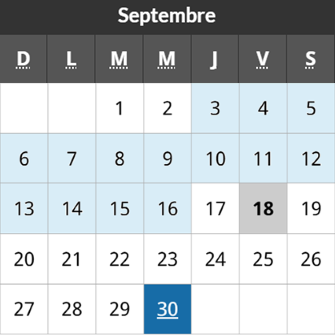 Un exemple de calendrier mensuel avec une période de paye et un jour de paye surligné. Une explication de l'exemple suit.