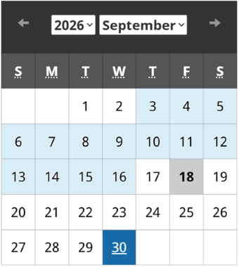 Example of a month calendar with a pay period and a pay day highlighted. The explanation of the example follows.