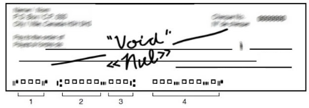 A blank cheque with 'void' written on it. Four numbers at the bottom of the cheque are described below the image.
