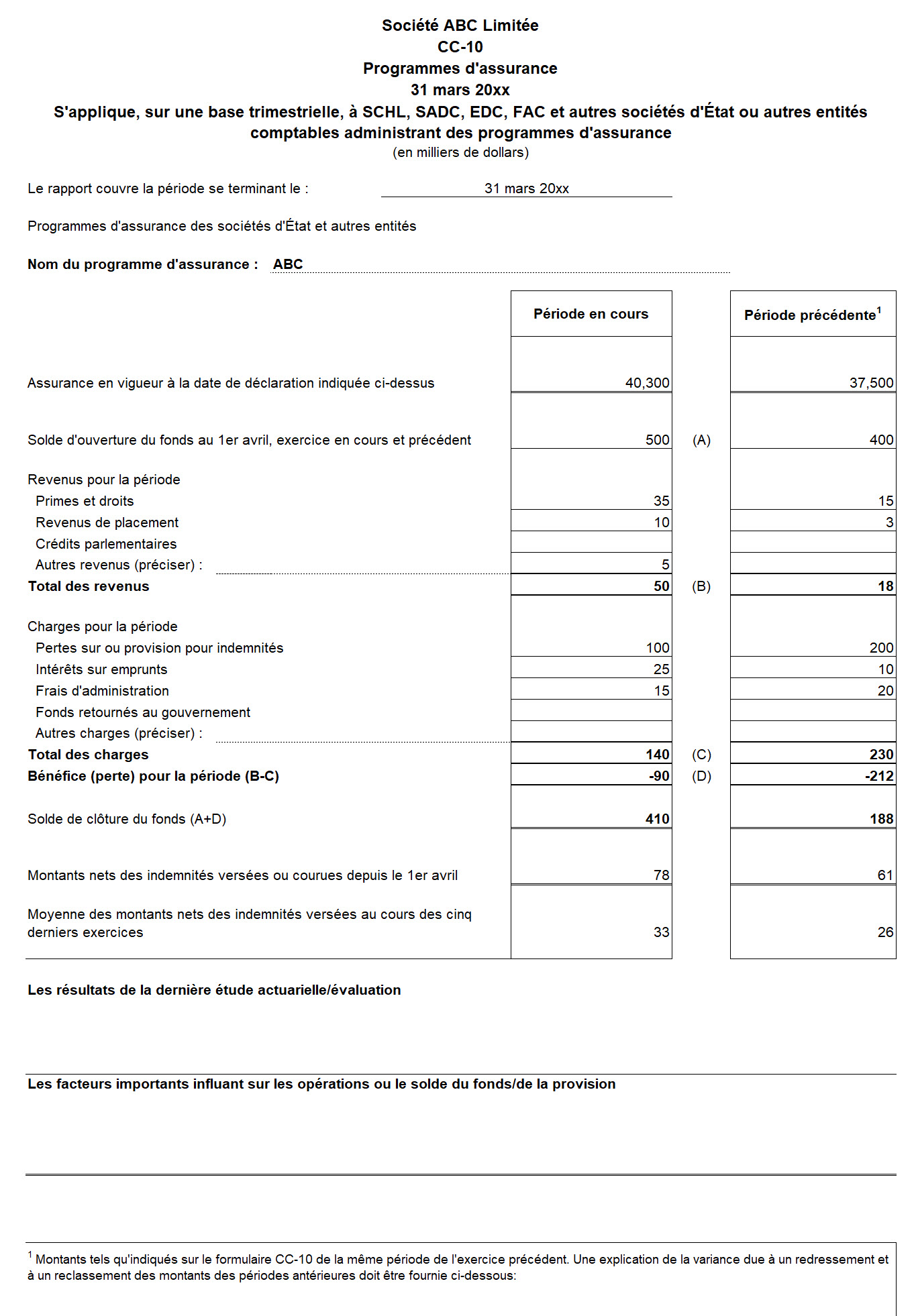 Saisie d'écran du formulaire CC-10 : Programmes d'assurance - Version texte sous l'image