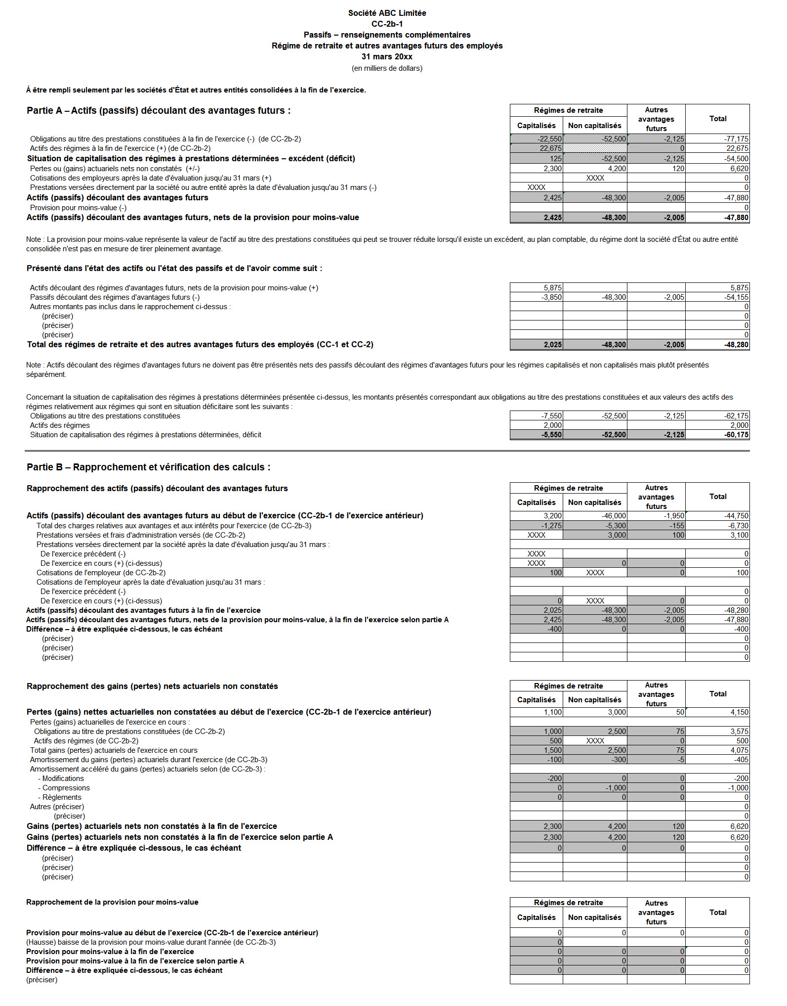 Saisie d'écran du formulaire CC-2b-1 : Passifs – Renseignements complémentaires - Version texte sous l'image