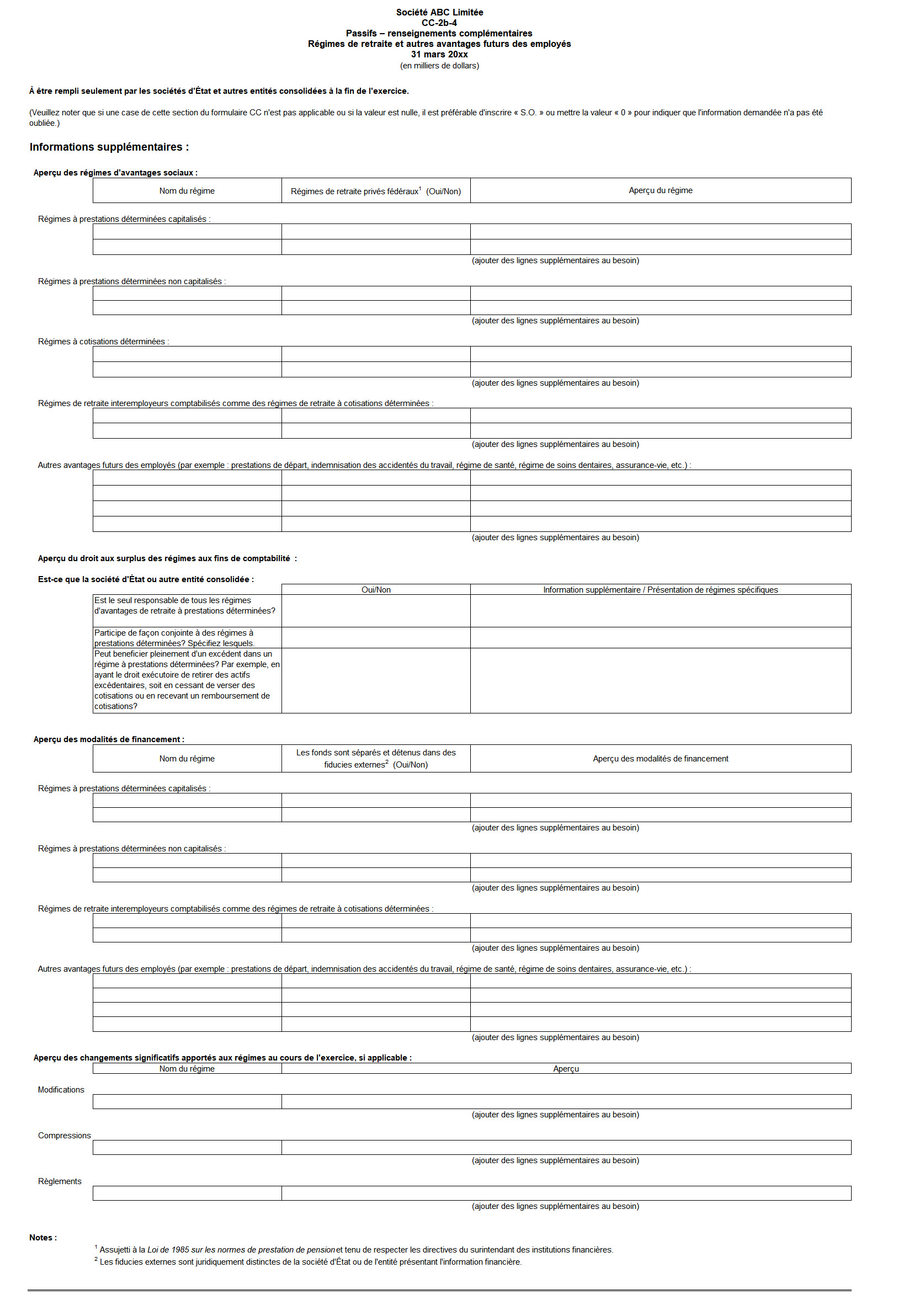 Saisie d'écran du formulaire CC-2b-4 : Passifs – Renseignements complémentaires - Version texte sous l'image