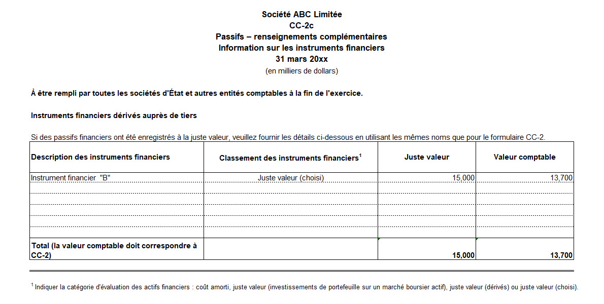 Saisie d'écran du formulaire CC-2c : Passifs – Renseignements complémentaires - Version texte sous l'image