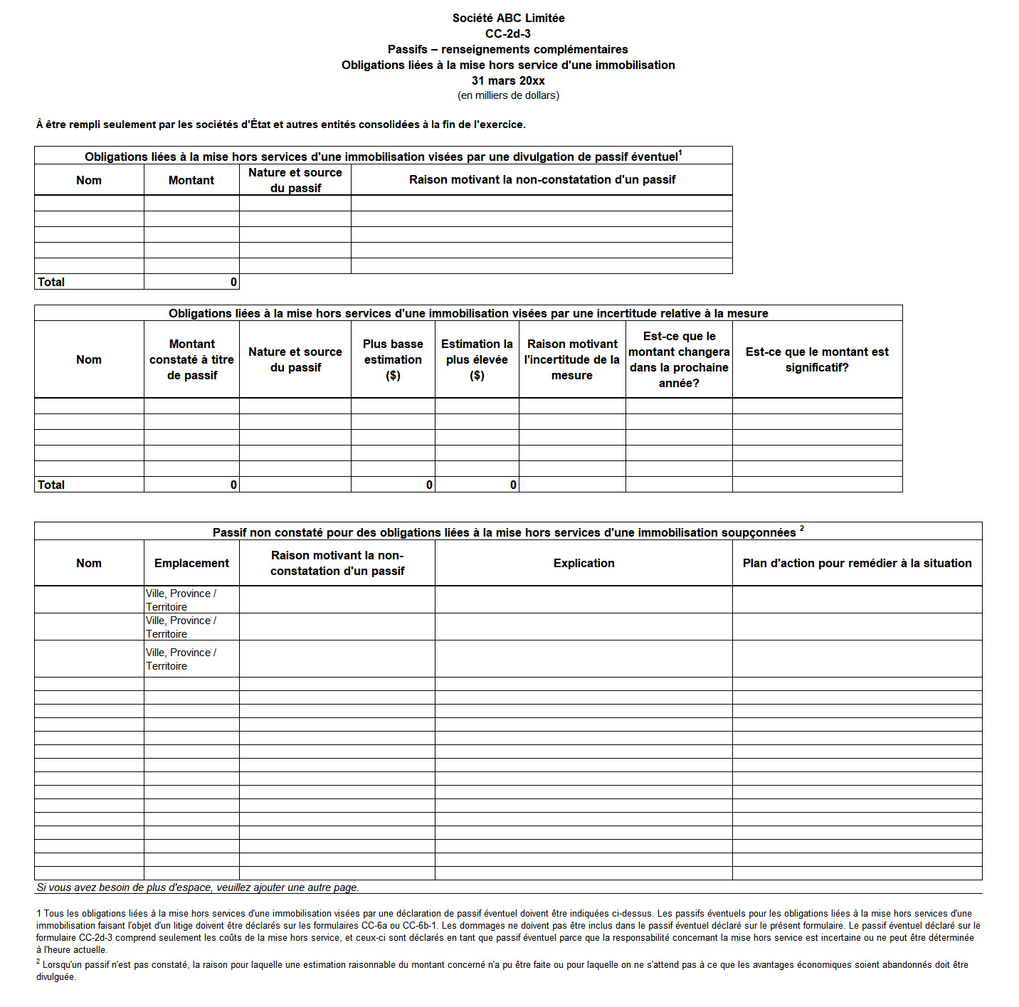 Screen capture of Form CC-2d-3: Passifs – Renseignements complémentaires - Version texte sous l'image