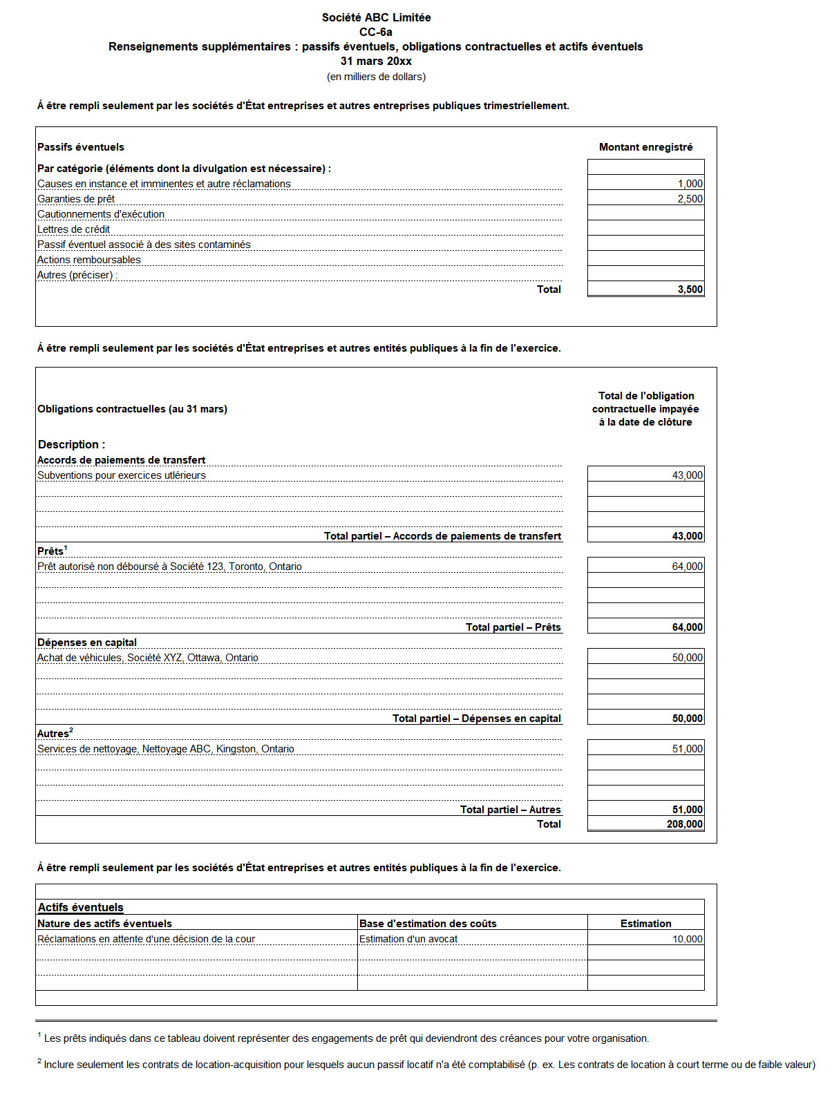 Saisie d'écran du formulaire CC-6a : Renseignements supplémentaires – Passifs éventuels, obligations contractuelles et actifs éventuels - Version texte sous l'image