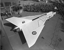 A view of the Avro CF-105 Arrow, showing its distinctive delta wings, during unveiling ceremonies at Avro Aircraft Limited in Malton, Ontario, on October 4, 1957. PHOTO: DND Archives, PL-107092