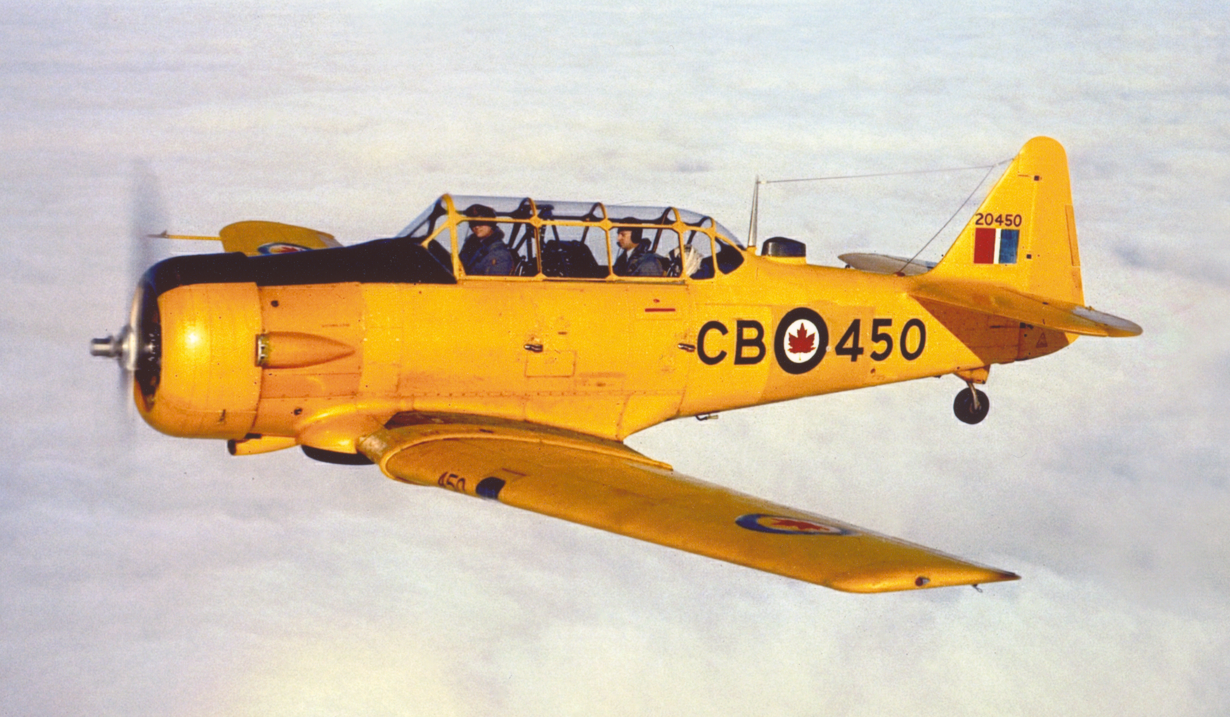 A late-model Harvard in post-war RCAF service. Nicknamed the “Yellow Peril”, the Harvard’s overall yellow paint scheme was mandatory for training aircraft. PHOTO: DND 