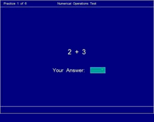 Numerical Operations Test: This is a reasoning test designed to assess your ability to work out mental arithmetic problems. You will have to: a. Do mental calculation using addition, subtraction, multiplication and division.  b. Work quickly and accurately. The total test time including instructions is approximately 2 minutes and you can prepare for this test by practising your mental arithmetic.  