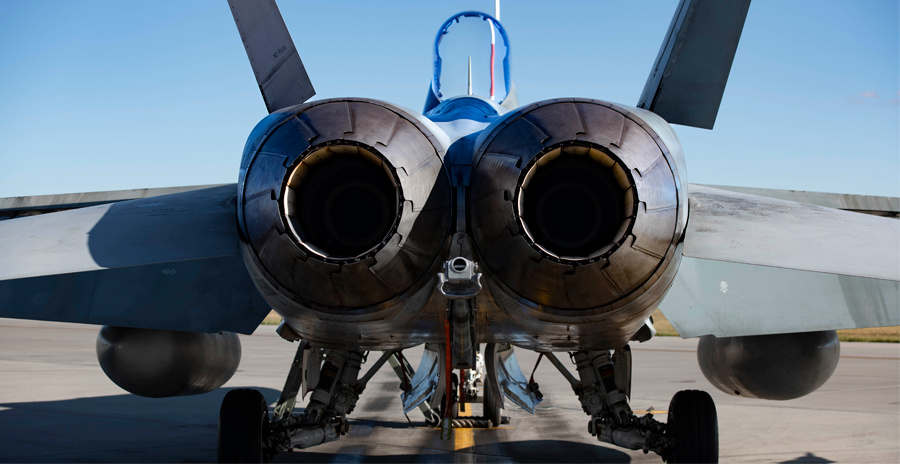 A CF-188 Hornet sits on a runway at 4 Wing Cold Lake.