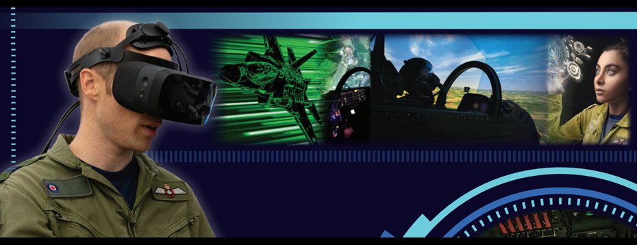Un élève-pilote vêtu d’une combinaison de vol verte utilise un casque d’écoute à réalité virtuelle. À droite, on voit des images du rendu numérique d’un CF-35, d’un stagiaire assis dans un simulateur CT-156 et du rendu numérique d’un membre de l’ARC utilisant un écran holographique futuriste.