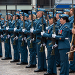 Having been granted Freedom of the City in Folkestone, UK, members of the Royal Canadian Air Force 2018 Public Duties contingent form up with bayonets fixed alongside members of The Great War Group on 4 July, 2018. PHOTO: MCpl Boucher
