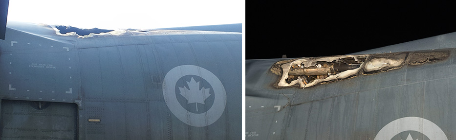 Extérieur de l’avion – Dommages causés au plafond du fuselage, près de la porte parachutiste latérale gauche