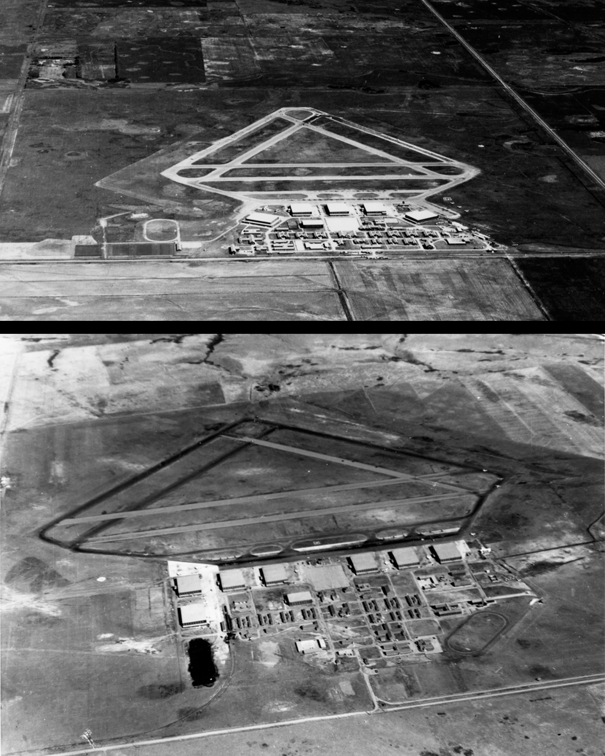 No. 12 Service Flying Training School at RCAF Brandon, Manitoba (top), and No. 39 SFTS at RCAF Swift Current, Saskatchewan, exhibit the standard British Commonwealth Air Training Plan airfield layout. PHOTO: DND