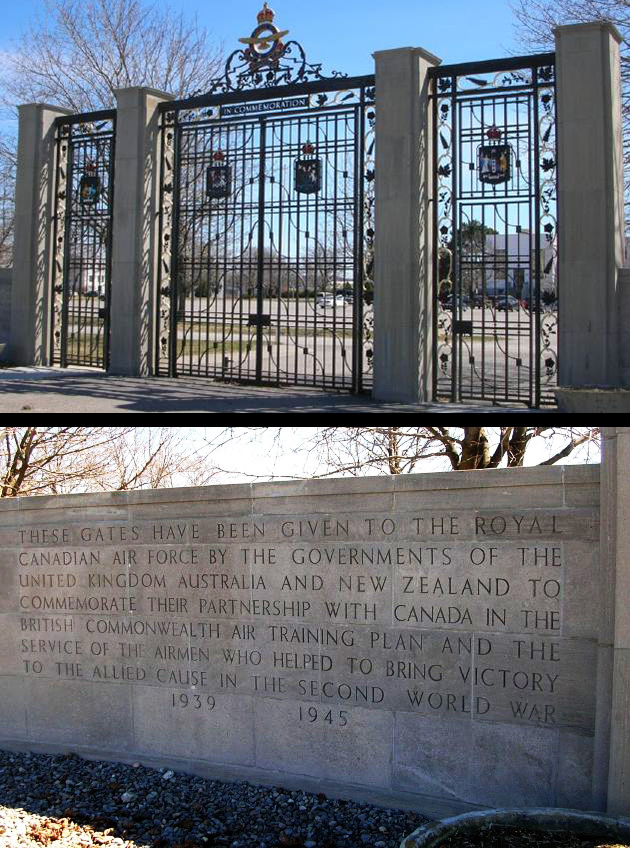 The British Commonwealth Air Training Plan Memorial Gates (top) and inscription at 8 Wing Trenton, Ontario. PHOTOS: Courtesy of John Chalmers