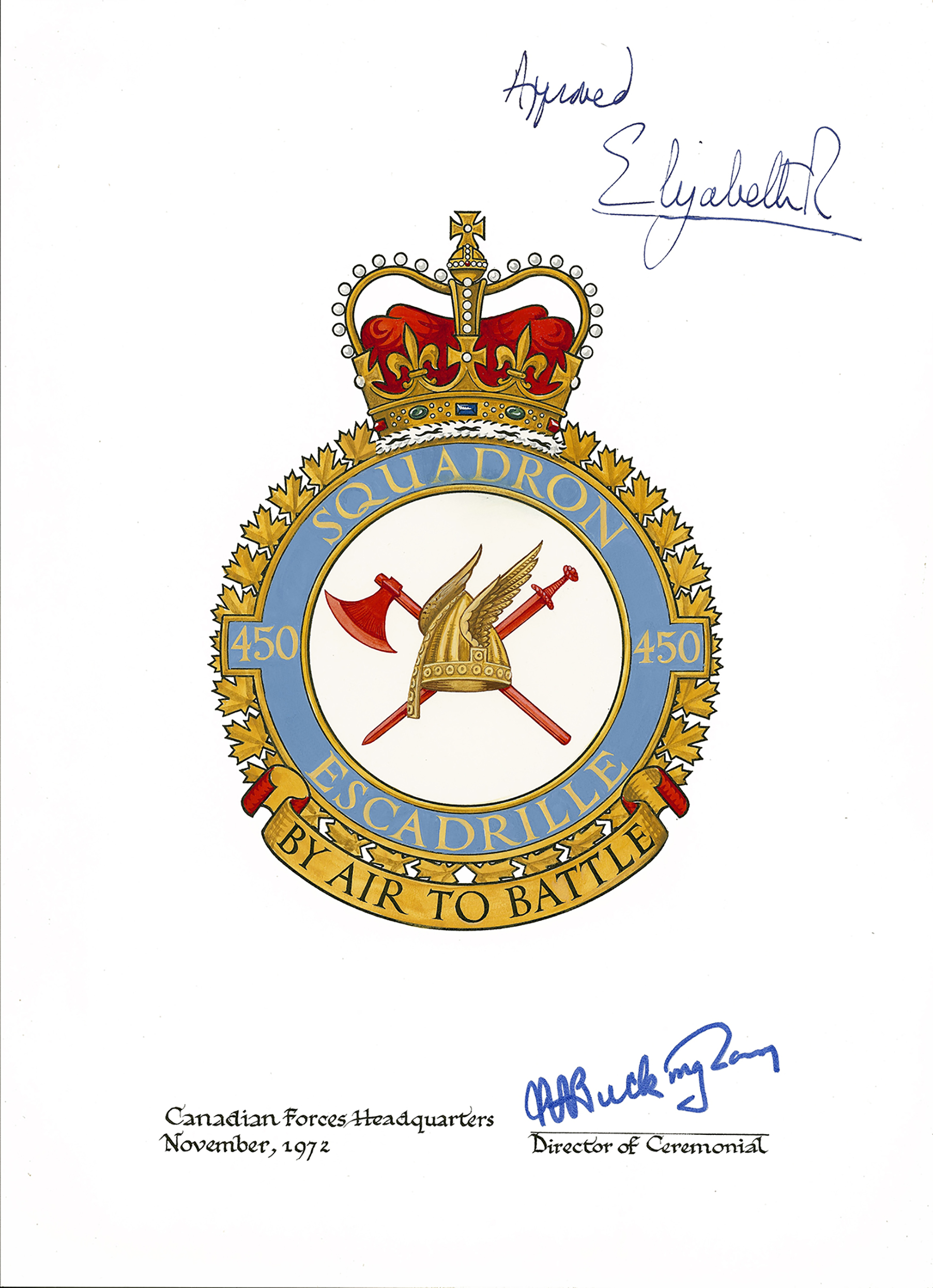 The original rendering of the 450 Tactical Helicopter Squadron badge that was approved by Queen Elizabeth II in November 1972. PHOTO: DND Archives