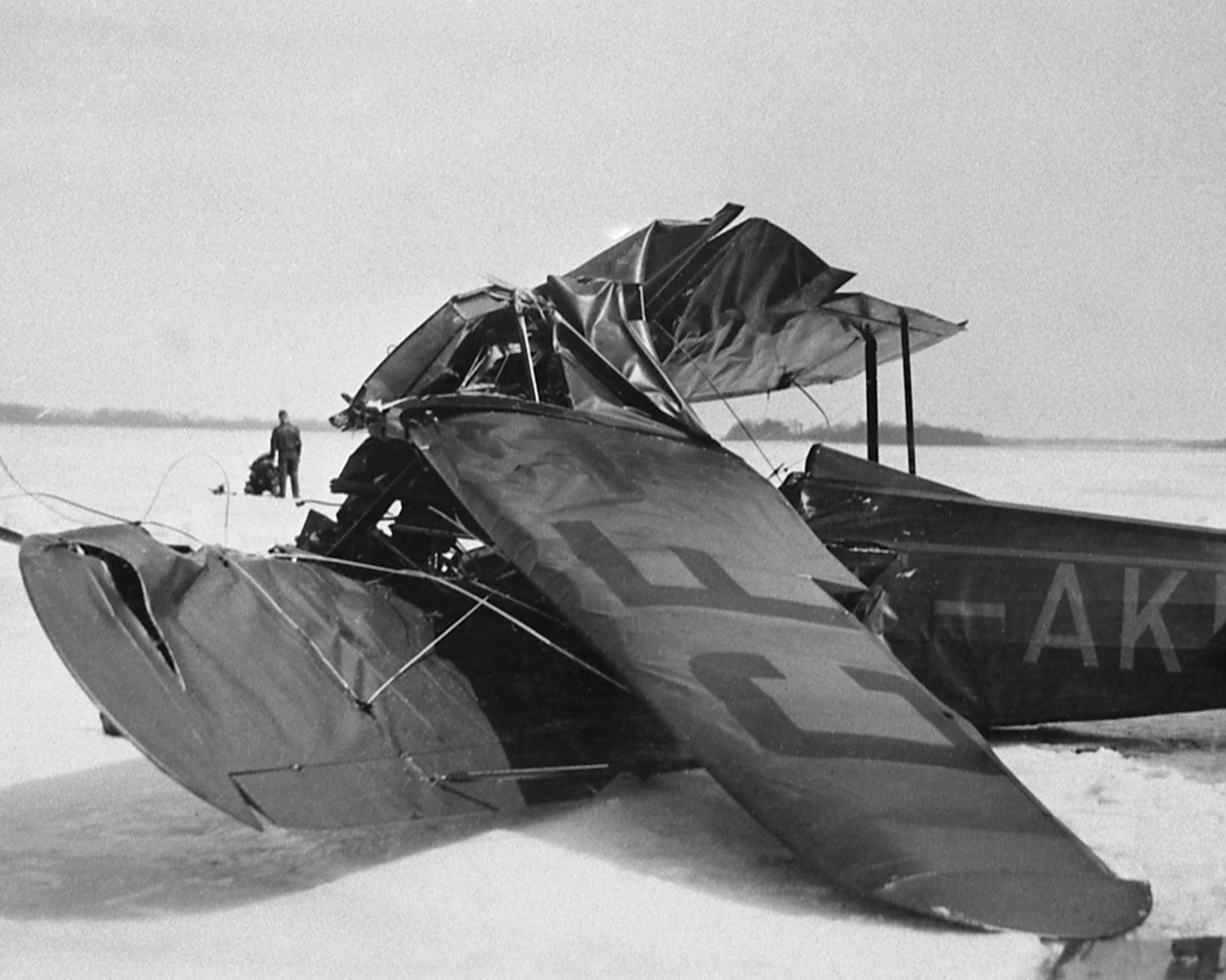 The wreckage of Fairchild KR-21, CF-AKR, on the ice of the Ottawa River on March 12, 1930. Wing Commander (retired) William Barker died in the crash. PHOTO: DND Archives, RE74-165