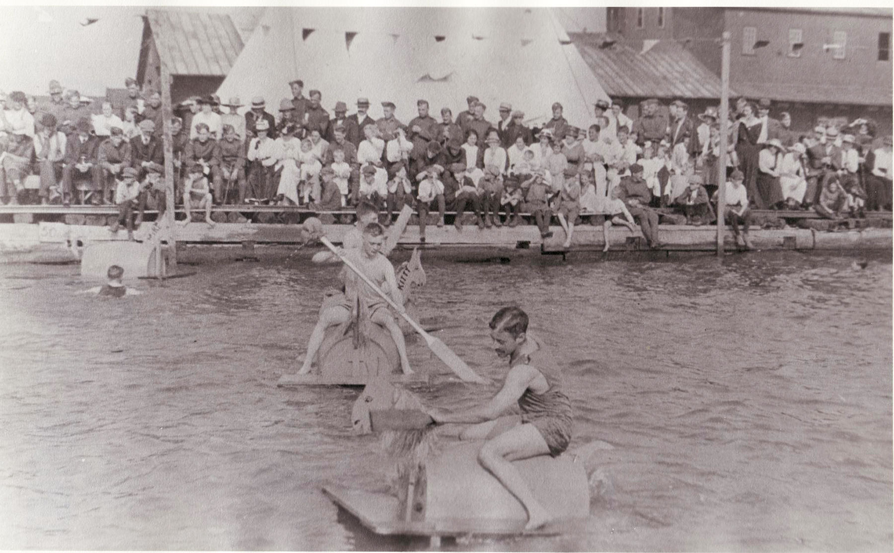 During the First World War, the air cadets stationed at Camp Mohawk near Deseronto, Ontario, worked hard to train as pilots. In 1918, 43 Wing (Deseronto) held a Sports Day, and townsfolk came out to cheer the cadets as they raced barrel-horses on the river. PHOTO: Deseronto Archives, https://deserontoarchives.wordpress.com