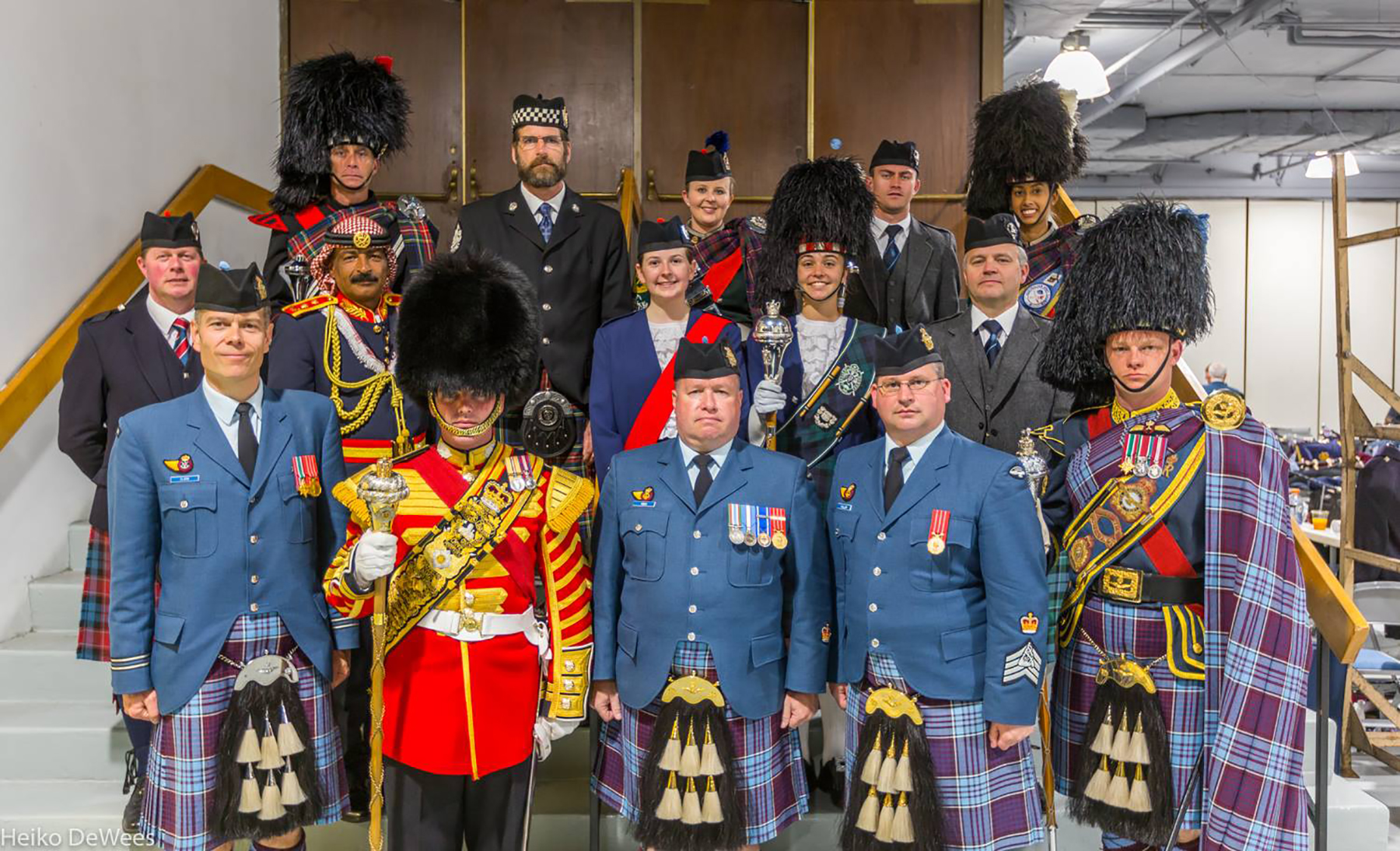 Pipes and drums leaders gather for a photo at the 2016 Virginia International Tattoo, fronted by the Royal Canadian Air Force’s Captain Fraser Clark (left), Tattoo Pipe Major; Warrant Officer Joe Kiah (centre), Tattoo Leading Drummer; Warrant Officer Scott Pollon, Pipes and Drums sound engineer; and Master Corporal Ian Cleaton, 8 Wing Drum Major. PHOTO: Heiko DeWees
