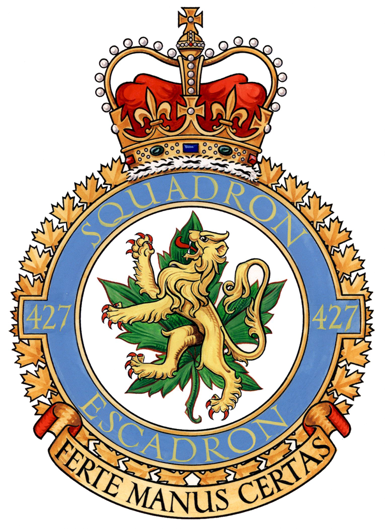 427 Squadron’s badge shows a lion standing upright with its forepaws raised in front of a green maple leaf. The combination of a lion representing the United Kingdom and a maple leaf representing Canada indicates the formation of the squadron in England. The squadron’s motto is "Ferte manus certas" – "Strike with a sure hand". IMAGE: DND