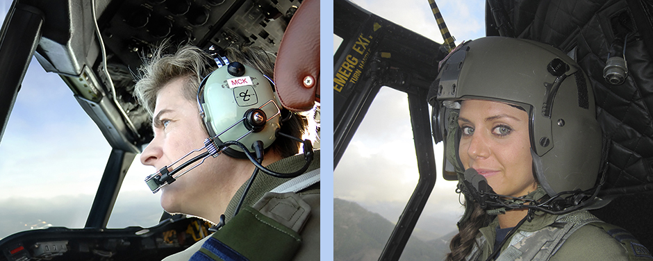 A montage of two women in aircraft cockpits, flying the aircraft.