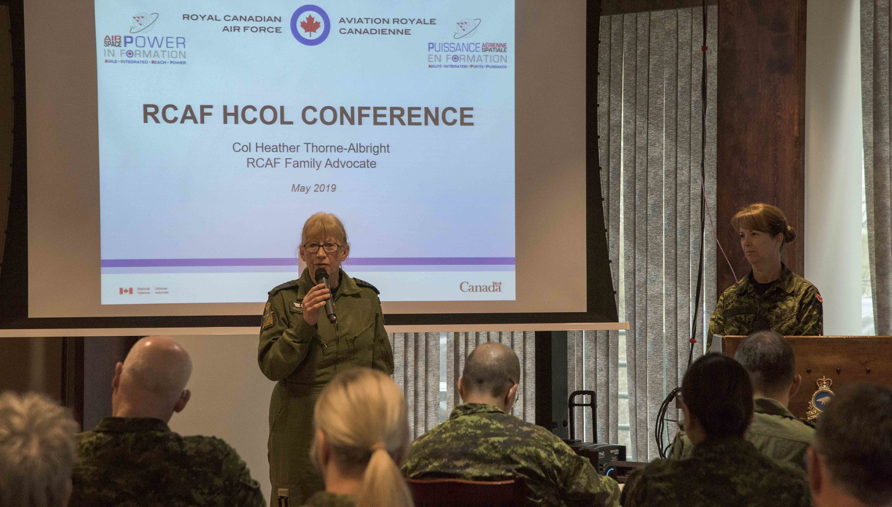 RCAF Honorary Colonel Loreena McKennitt addresses attendees of the honorary colonels conference hosted by Joint Task Force (North)  on May 29, 2019, in Yellowknife, Northwest Territories. PHOTO: Captain Soomin Kim